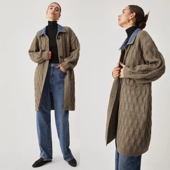 Commense Diamond Stitch Cardigan Taupe Denim Collar Sweater Oversize Chunky M - Picture 1 of 9
